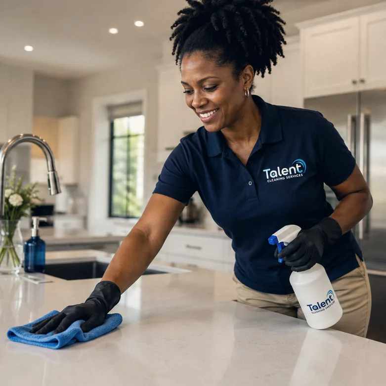 Uma profissional da Talent Cleaning Services de uniforme limpando a bancada de uma cozinha com um pano de microfibra e um borrifador.