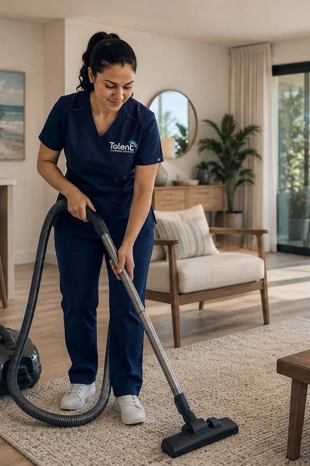 A Talent Cleaning Services professional vacuuming the rug of an oceanfront rental living room, with palm trees and the sea visible through the sliding doors.