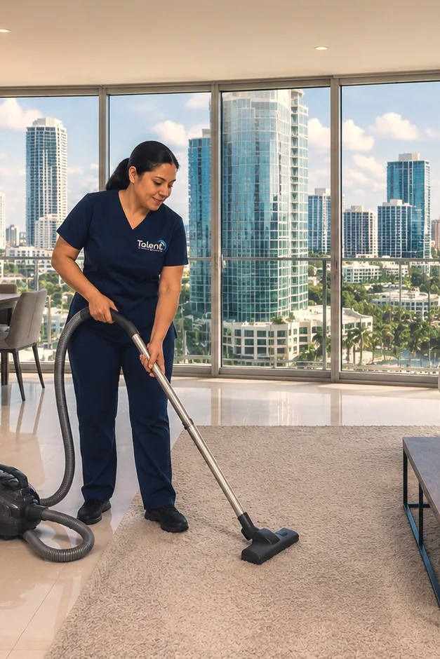 A Talent Cleaning Services professional vacuuming the living room rug of a high-rise apartment, with the South Florida skyline through the floor-to-ceiling windows.