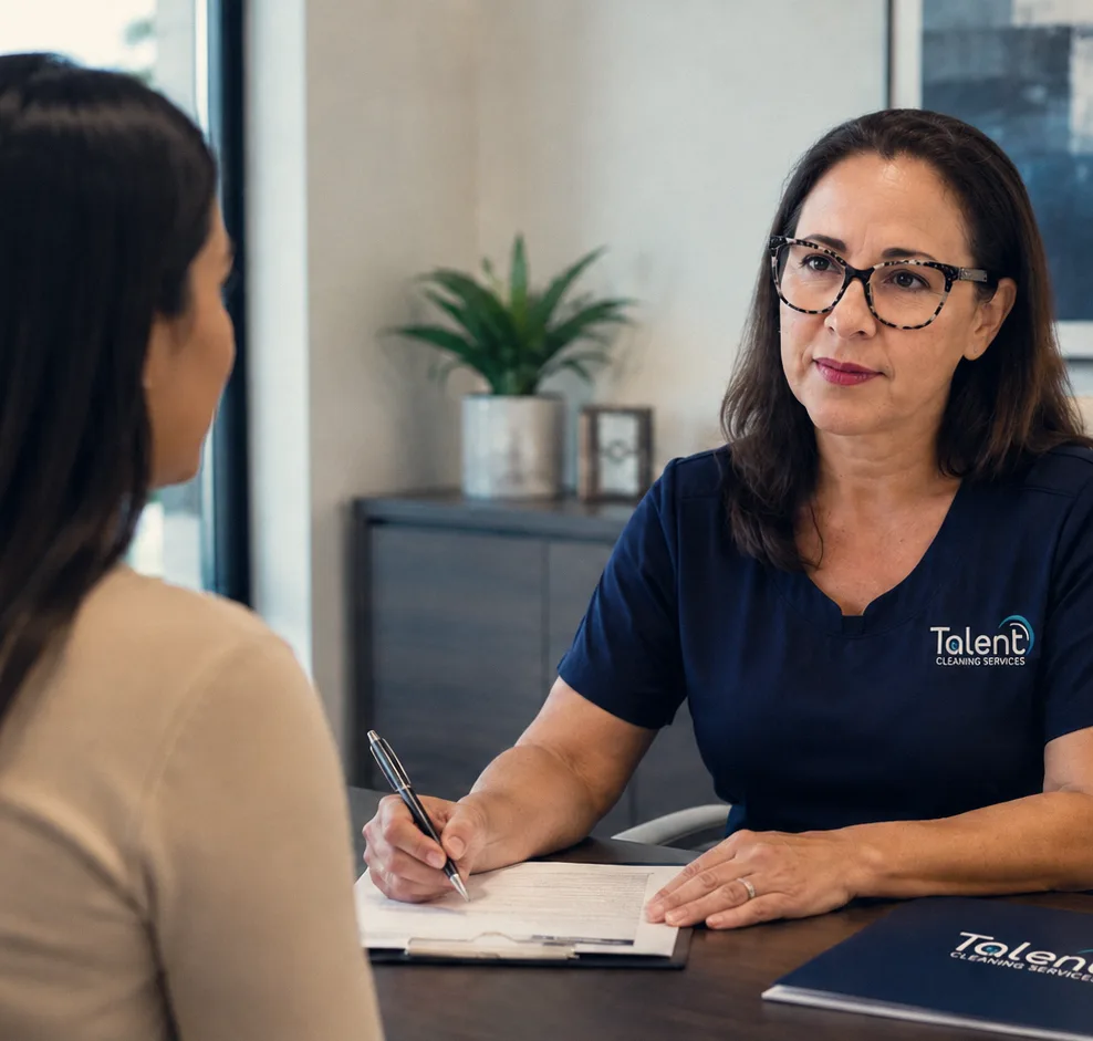 A Talent Cleaning Services manager in uniform taking notes during a job interview, seated across a desk from a candidate who is seen from behind.