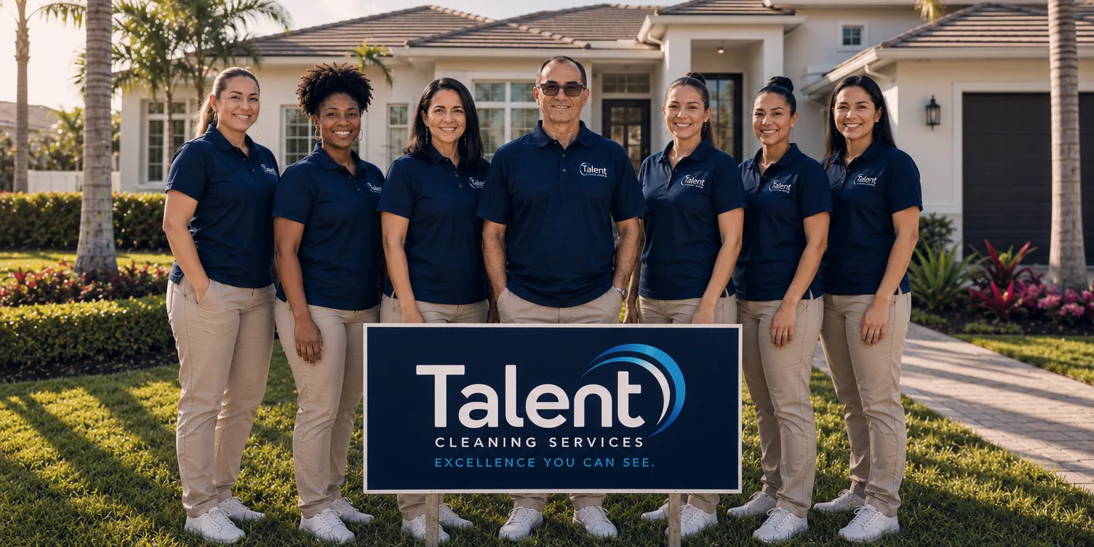 A equipe da Talent Cleaning Services, sete pessoas de uniforme azul-marinho, em frente a uma casa no sul da Florida com a placa da empresa no jardim.
