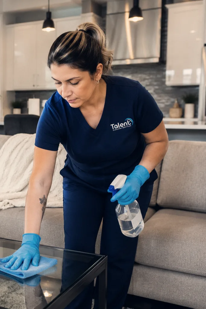 Duas profissionais da Talent Cleaning Services trabalhando numa sala: uma limpando a mesa de centro de vidro em primeiro plano e outra aspirando junto a janela.