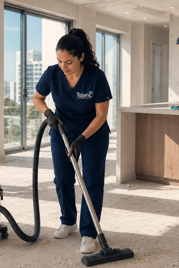 Three Talent Cleaning Services professionals clearing construction dust from a new oceanfront unit: one vacuuming the floor, one cleaning the glass and one wiping the kitchen island.
