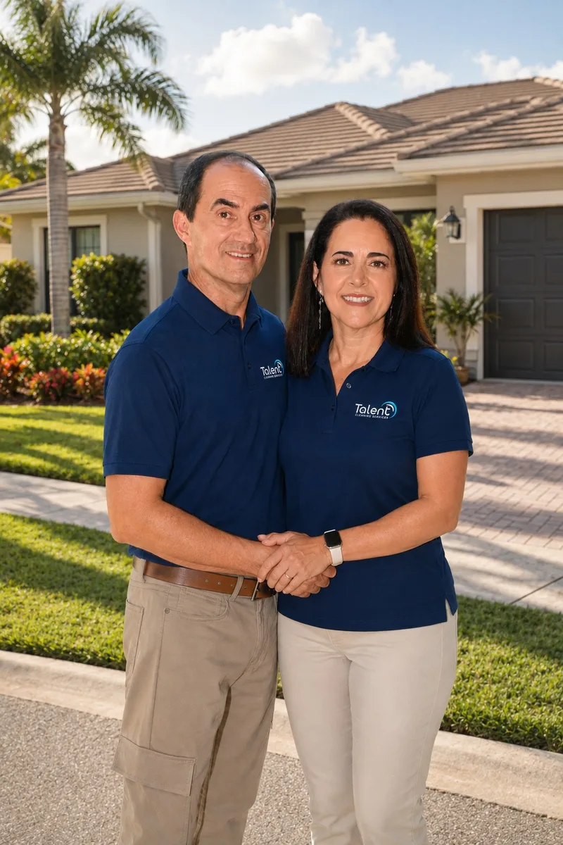 Karla Paiva & John Vicente, donos da Talent Cleaning Services, em frente a uma casa no sul da Flórida